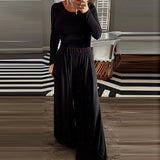 Women Casual Knitted Rib Two-Piece Sets Tops&Long Pants Leisure Suit