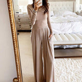 Women Casual Knitted Rib Two-Piece Sets Tops&Long Pants Leisure Suit